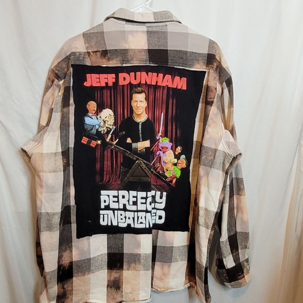 Jeff Dunham Flannel Shirt Upcycled Bleached Plaid Adult 2XL